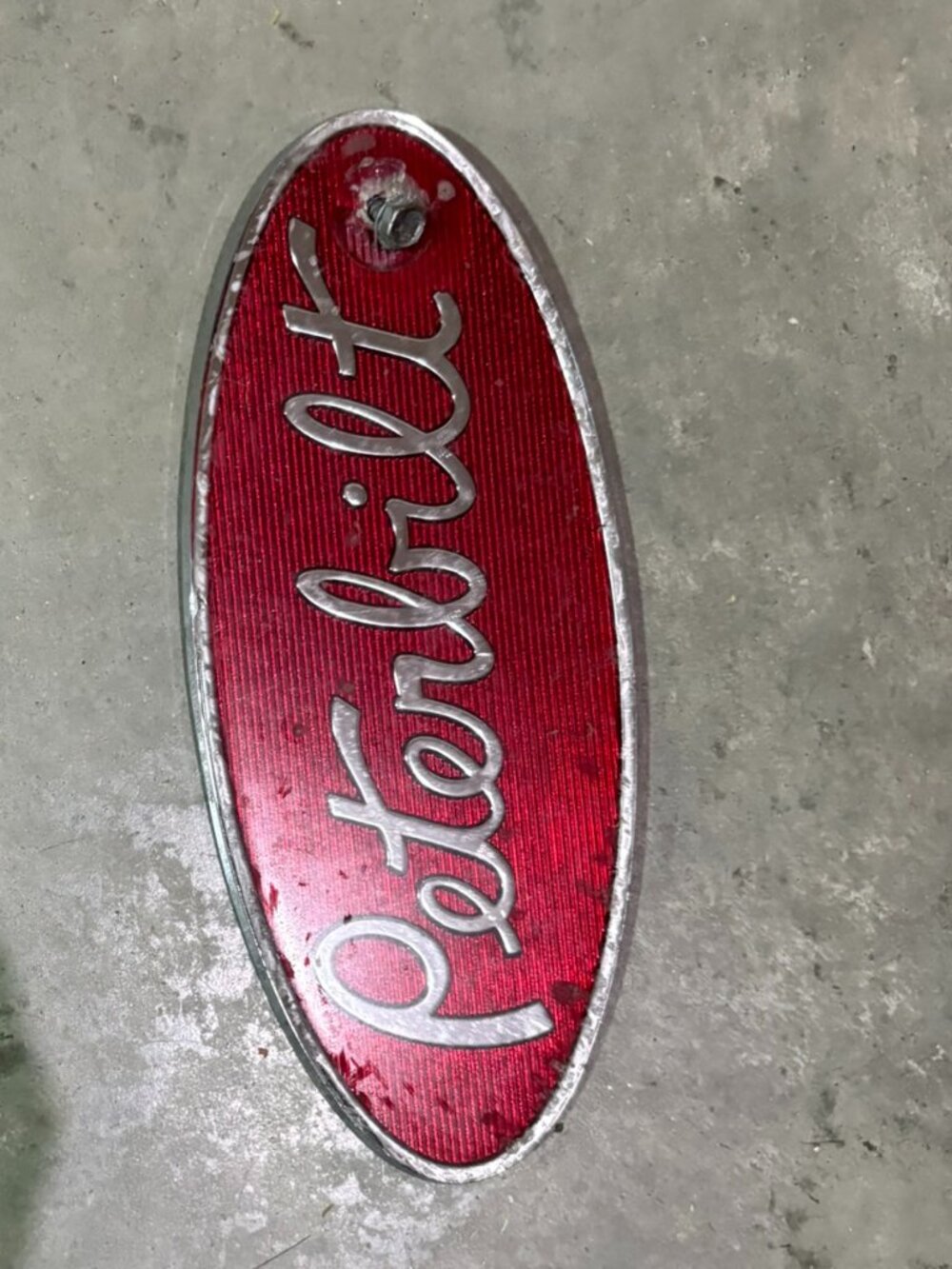 Vintage Peterbilt Semi Truck Metal Emblem/Garage Decor, red & chrome